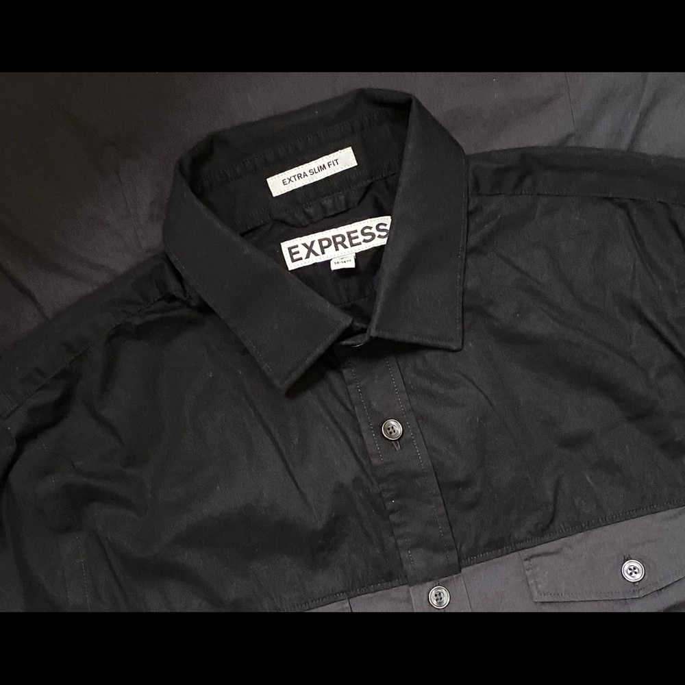 Express Extra Slim Fit Long Sleeve Button Down Grey Black Size S.